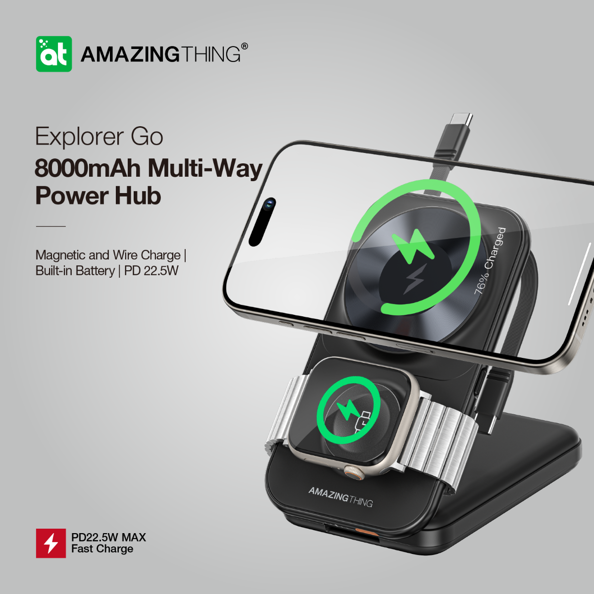 AMAZINGTHING 22.5W 8000mAh Fast Magsafe Magnetic Portable Power Bank + Stand