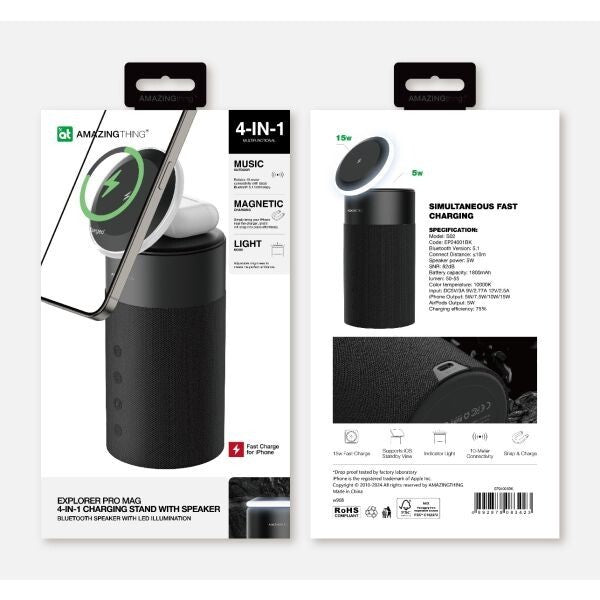 AMAZINGTHING 4 in 1 Magsafe Wireless Charger Stand Station Bluetooth Speaker