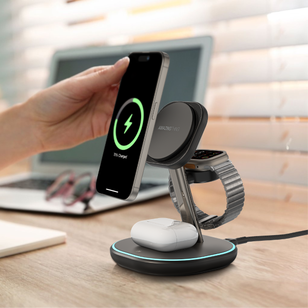 AMAZINGTHING 3 in 1 Magsafe Wireless Charger Stand Station Bluetooth Speaker
