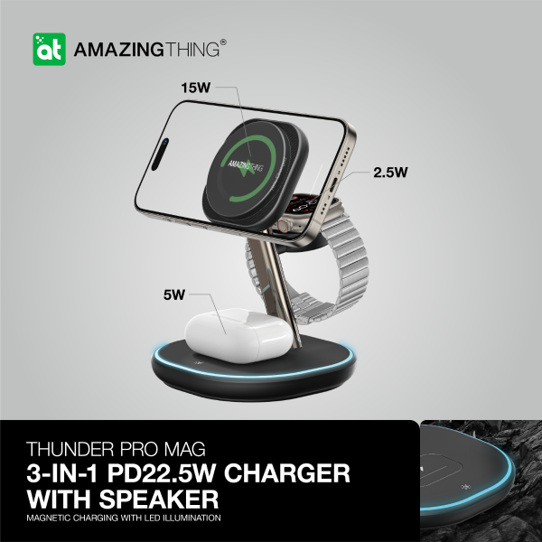 AMAZINGTHING 3 in 1 Magsafe Wireless Charger Stand Station Bluetooth Speaker