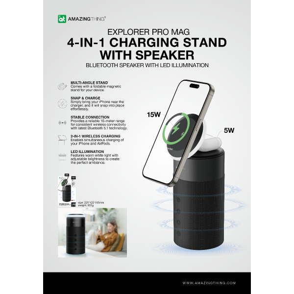 AMAZINGTHING 4 in 1 Magsafe Wireless Charger Stand Station Bluetooth Speaker