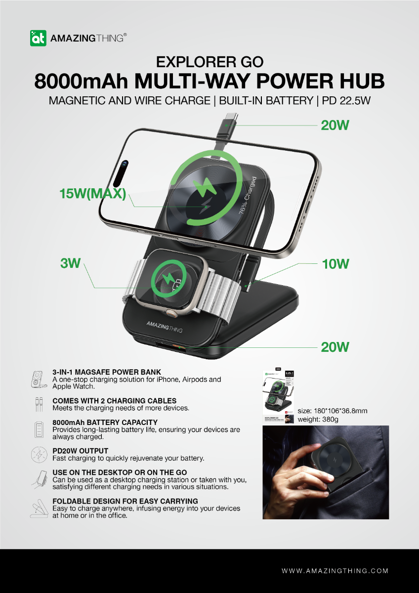 AMAZINGTHING 22.5W 8000mAh Fast Magsafe Magnetic Portable Power Bank + Stand