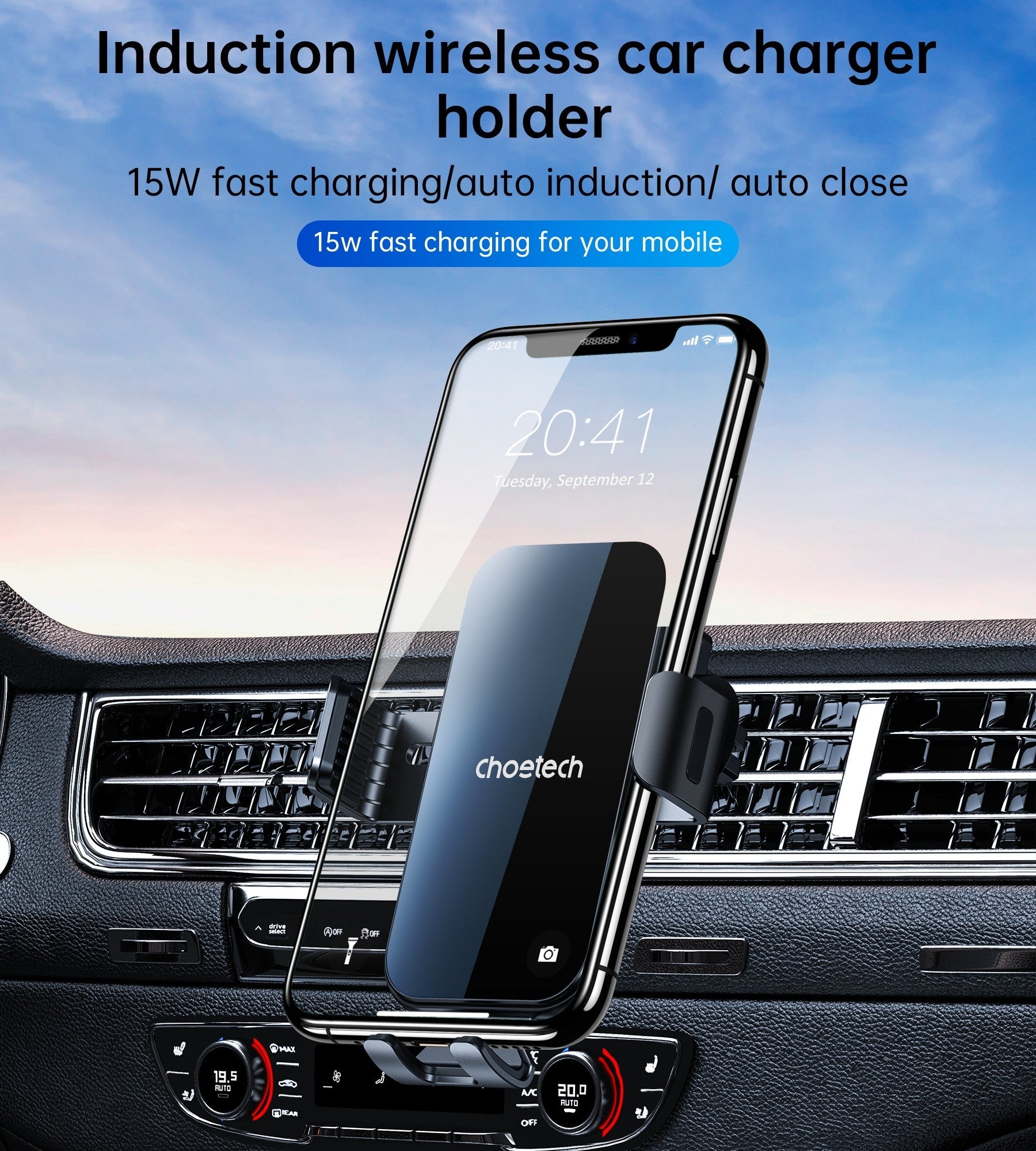 Choetech 15W Wireless Fast Charger 360° Car Holder