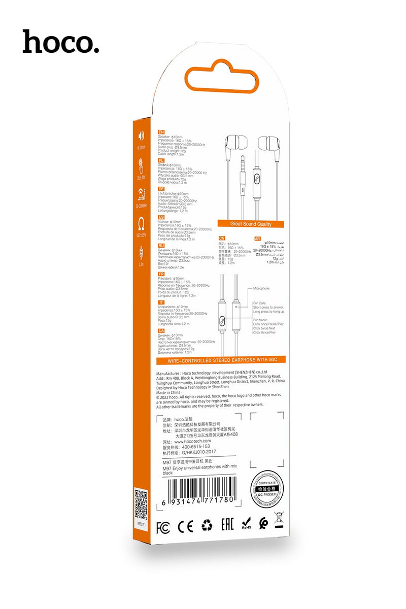 Hoco Universal 3.5mm Earphones with Built-In Microphone and Tangle-Resistant Cable