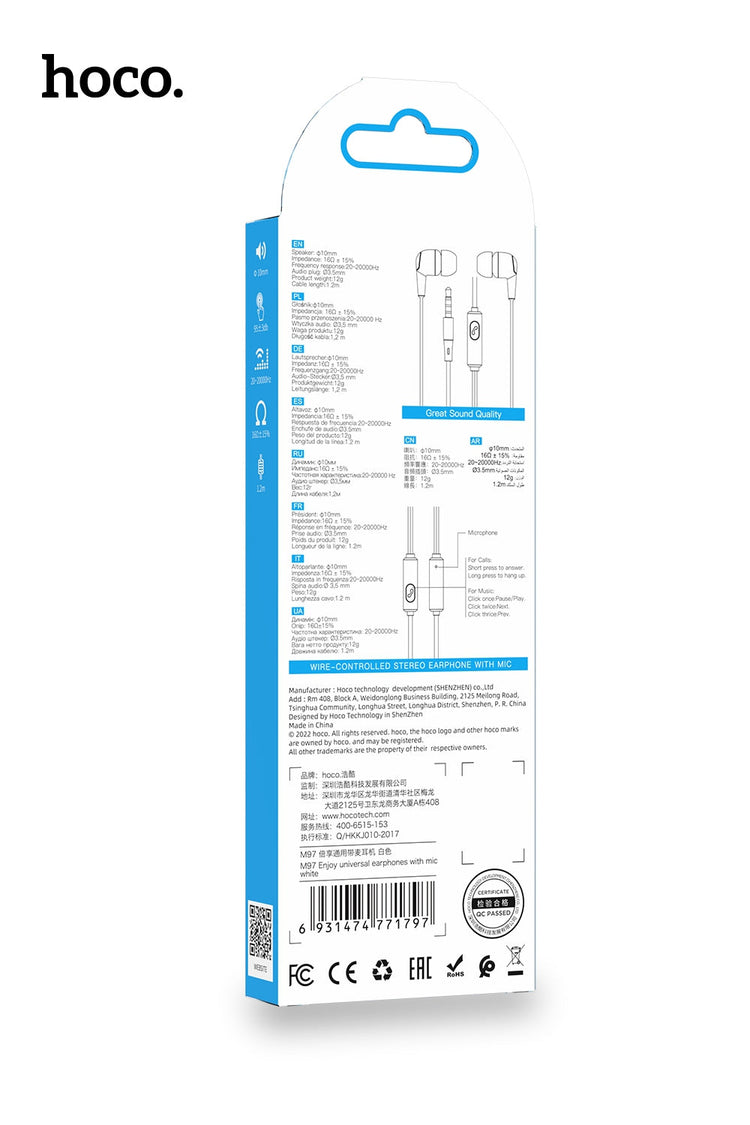 Hoco Universal 3.5mm Earphones with Built-In Microphone and Tangle-Resistant Cable