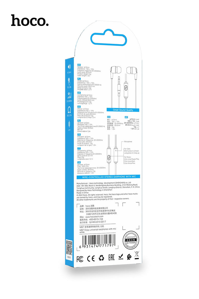 Hoco Universal 3.5mm Earphones with Built-In Microphone and Tangle-Resistant Cable