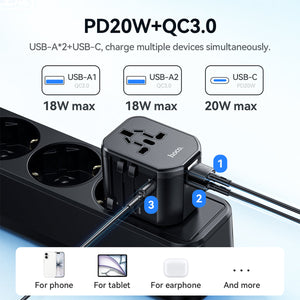 Hoco Universal Travel Plug Adapter Wall Charger with PD20W USB-C Charging