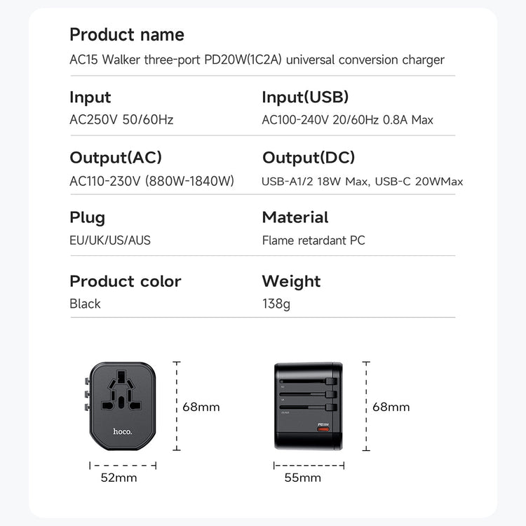 Hoco Universal Travel Plug Adapter Wall Charger with PD20W USB-C Charging
