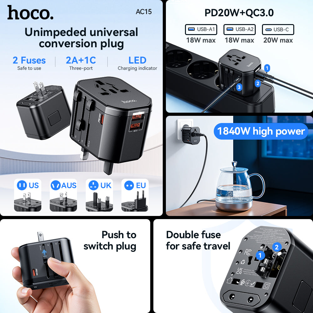 Hoco Universal Travel Plug Adapter Wall Charger with PD20W USB-C Charging