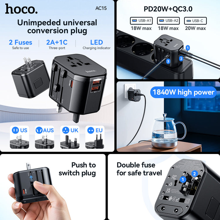 Hoco Universal Travel Plug Adapter Wall Charger with PD20W USB-C Charging