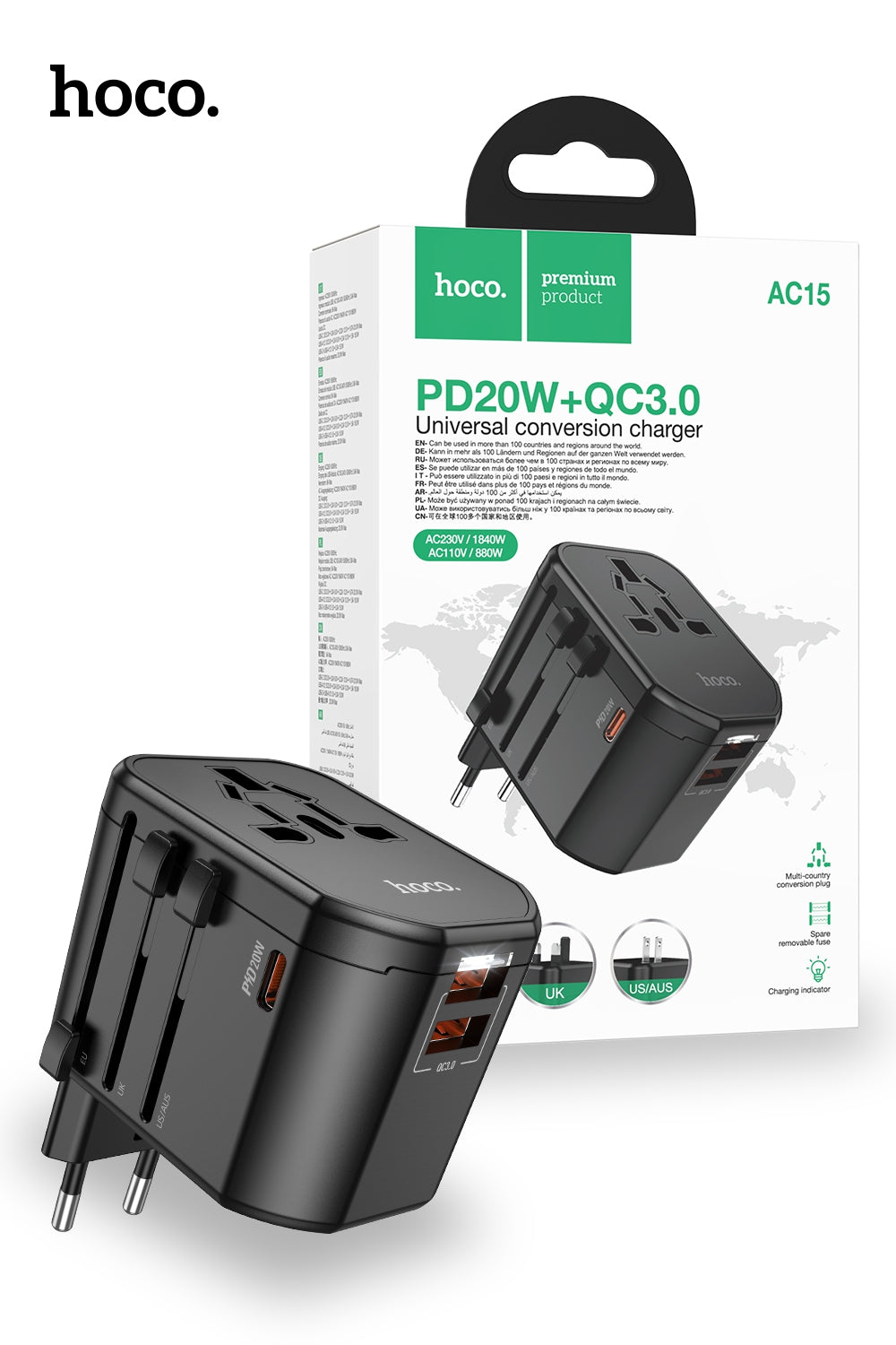 Hoco Universal Travel Plug Adapter Wall Charger with PD20W USB-C Charging