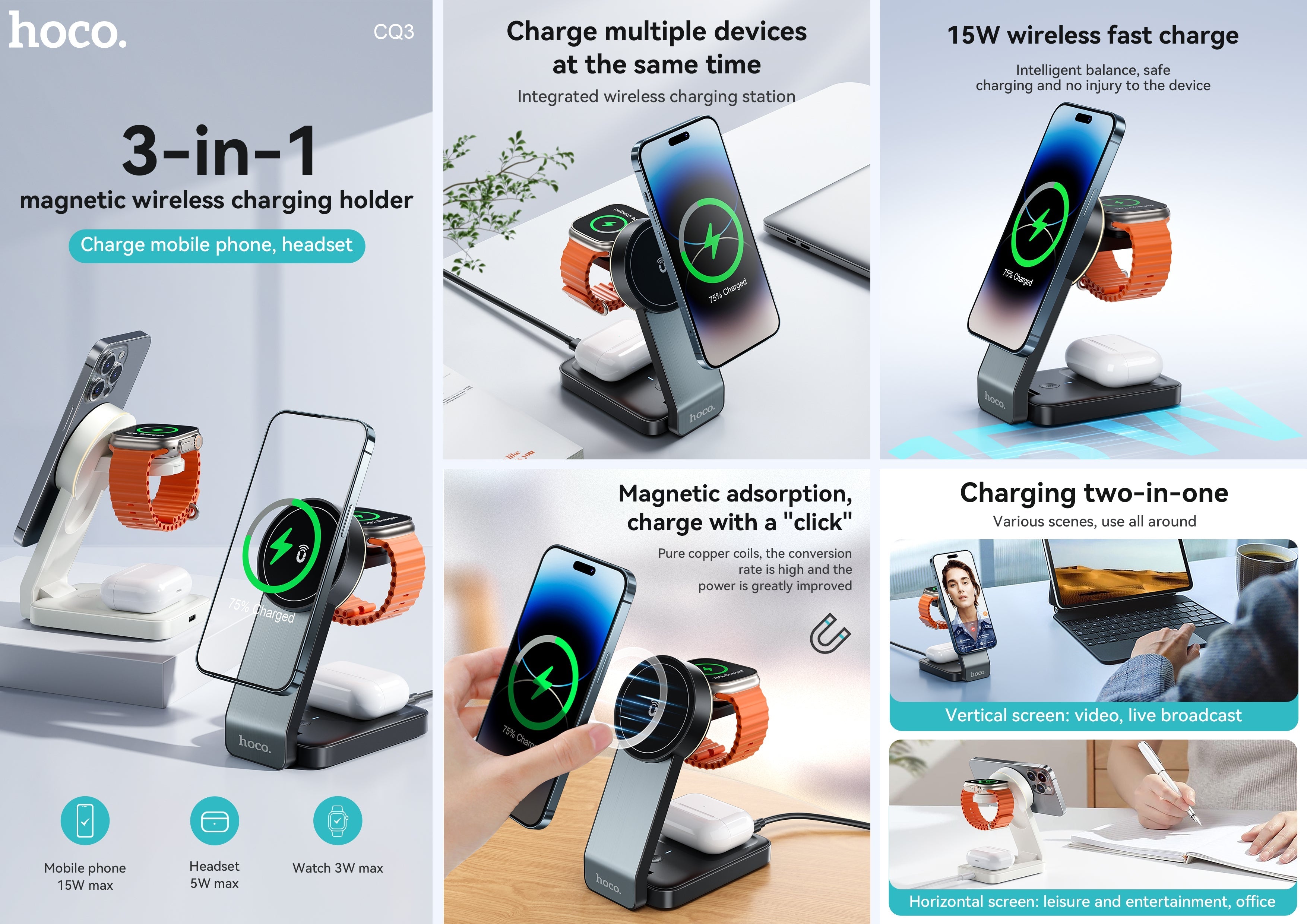 Hoco 3-in-1 MagSafe Wireless Charger 15W Fast Charging Motorcycle Mount CQ3