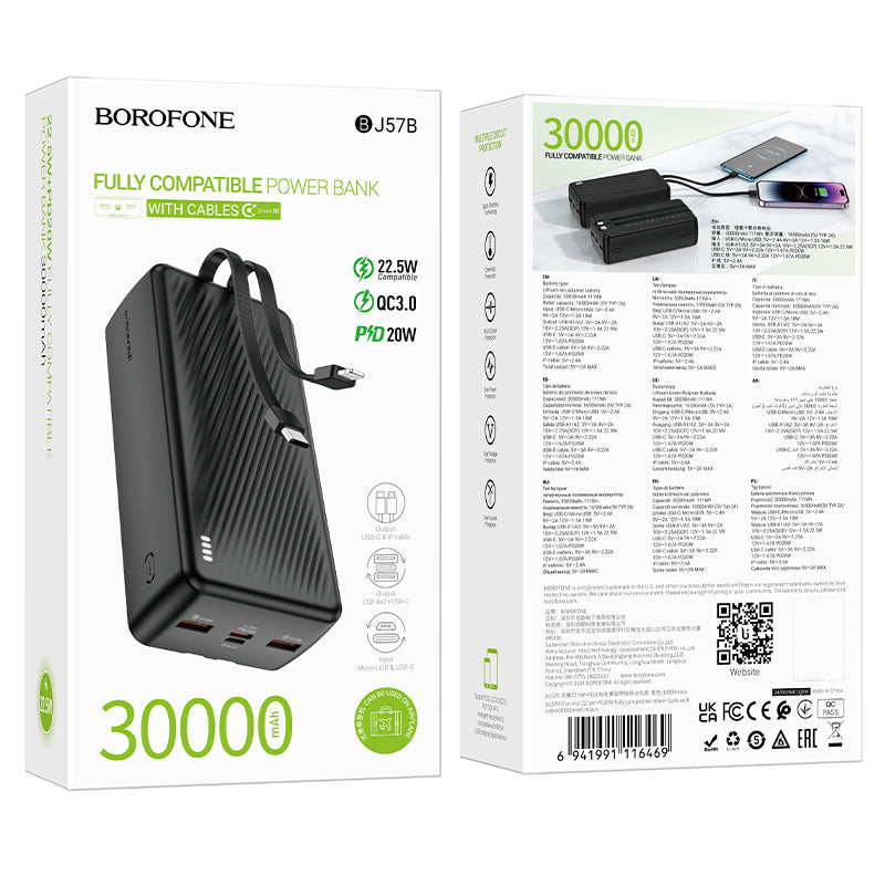 BOROFONE 30000mAh Power Bank with Built-In USB-C & Lightning Cables 22.5W Fast Charging