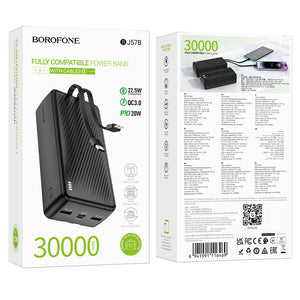 BOROFONE 30000mAh Power Bank with Built-In USB-C & Lightning Cables 22.5W Fast Charging