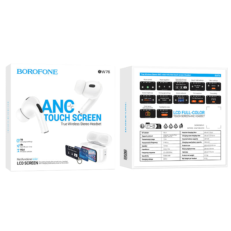 Borofone True Wireless ANC Bluetooth Earbuds with Touch Screen Charging Case