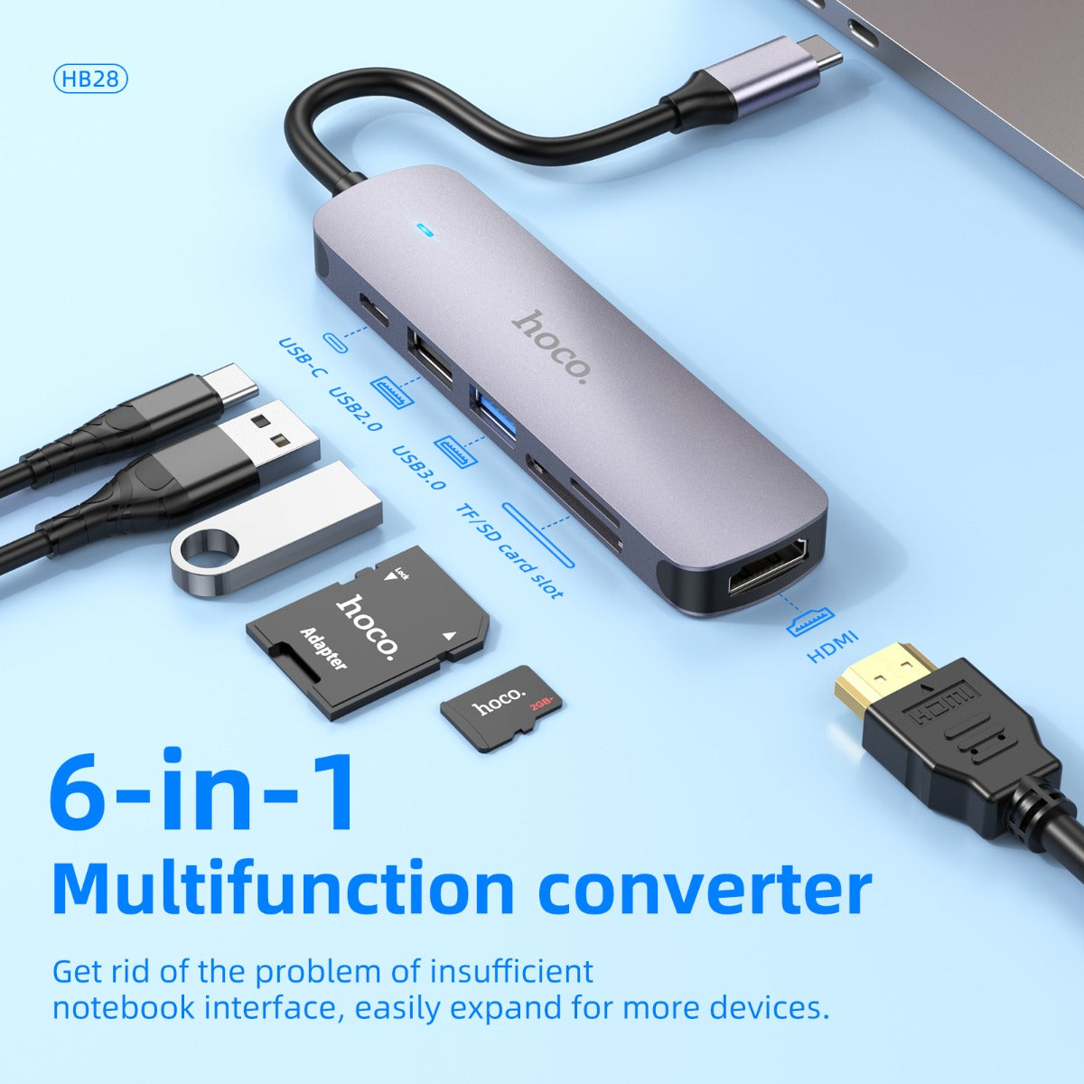 Hoco USB-C Hub HDMI USB 3.0 SD TF PD Fast Charging Multiport Adapter HB28