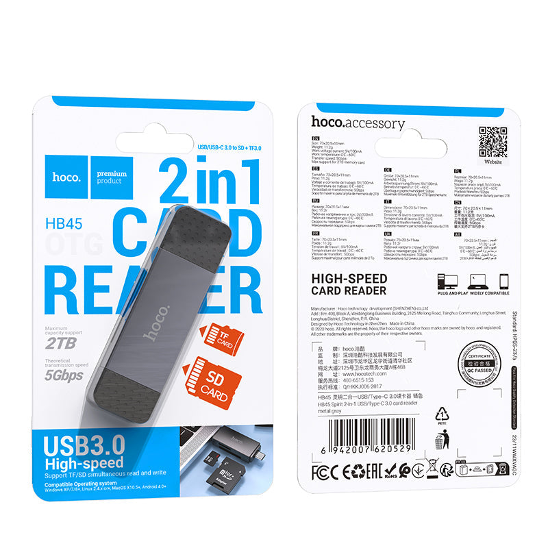 Hoco 2-in-1 USB-A and USB-C 3.0 Memory Card Reader for Laptops and Cameras