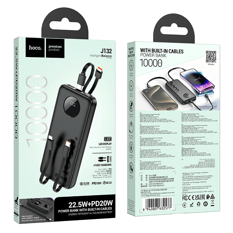 Hoco 10000mAh Power Bank 22.5W PD20W CCC Certified 3 Built-In Cables Fast Charging J132