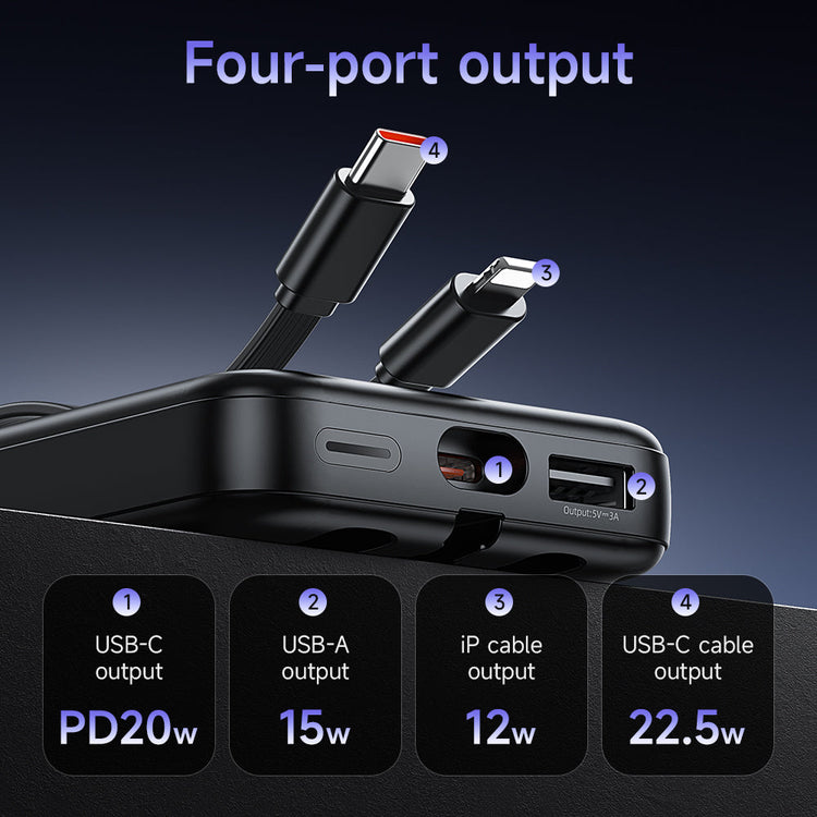Hoco 10000mAh Power Bank 22.5W PD20W CCC Certified 3 Built-In Cables Fast Charging J132