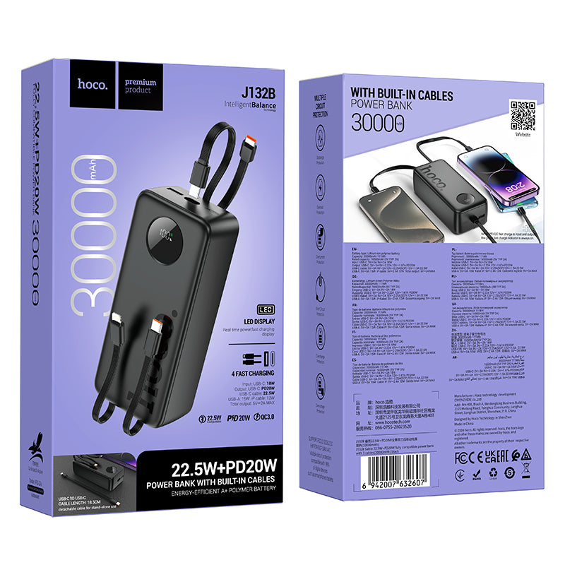 Hoco 30000mAh Power Bank 22.5W PD20W CCC Certified 3 Built-In Cables High Capacity J132B