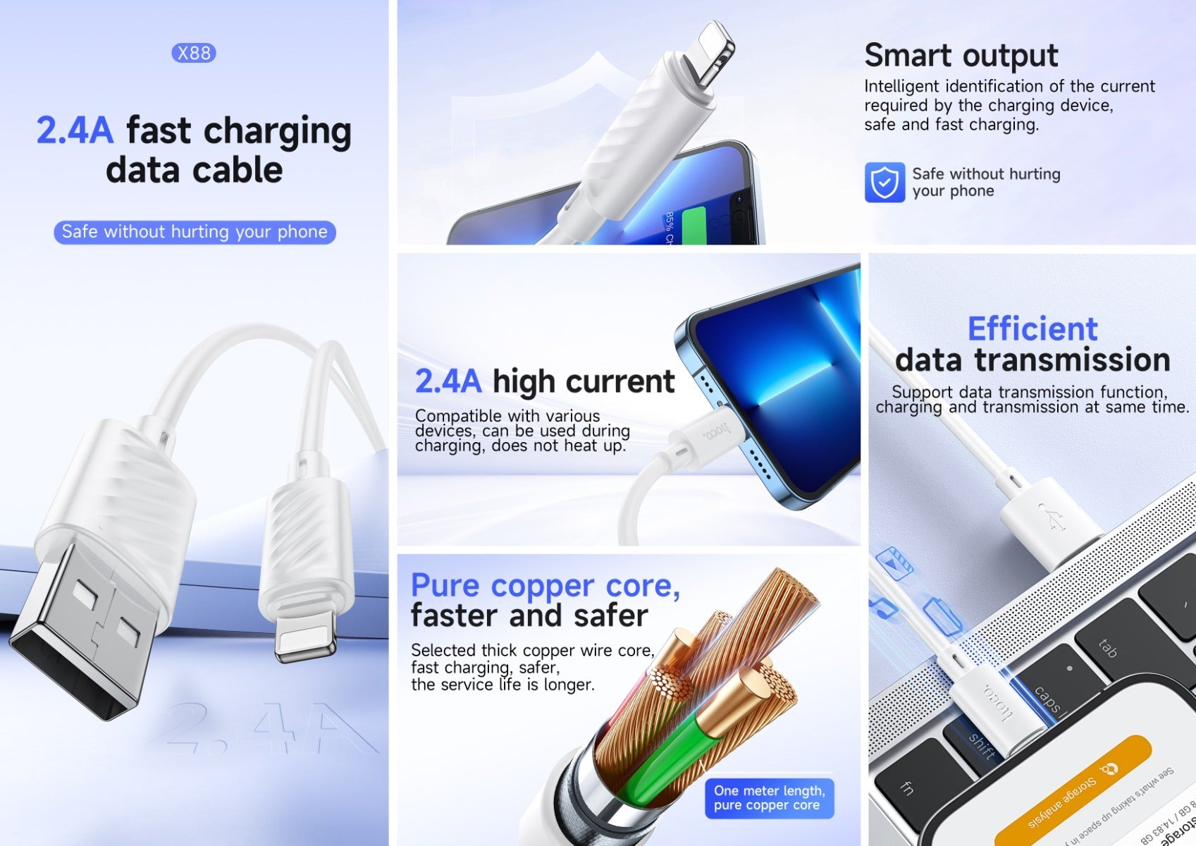 Hoco Lightning Charging Data Cable with 2.4A Fast Charging and Data Sync