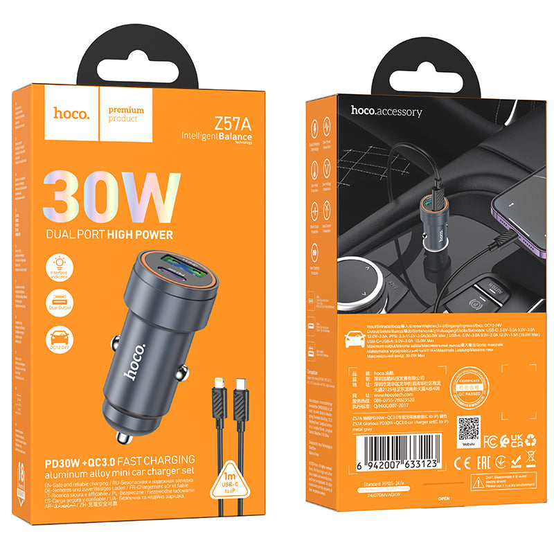 Hoco PD30W QC3.0 Car Charger Set with USB-C to Lightning Charging Cable