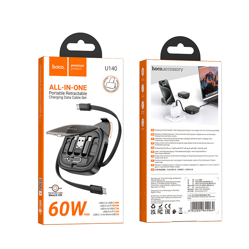 Hoco Retractable Charging Cable Set with USB-C, Lightning and Micro-USB Adapters