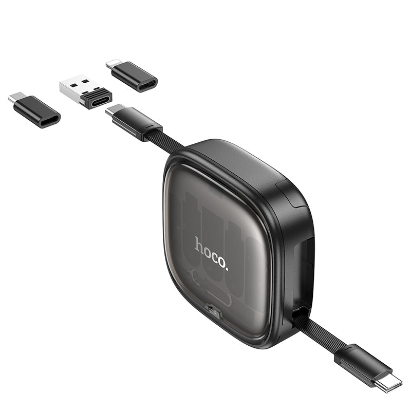 Hoco Retractable Charging Cable Set with USB-C, Lightning and Micro-USB Adapters