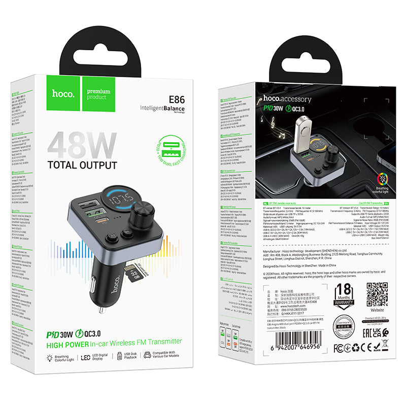 Hoco 48W Dual-Port Car Bluetooth FM Transmitter with PD30W Fast Charging