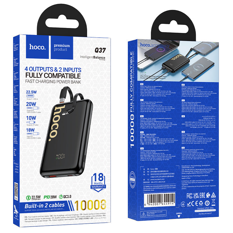 Hoco 10000mAh 22.5W Fast Charging Power Bank with Built-In USB-C and Lightning Cables Q37