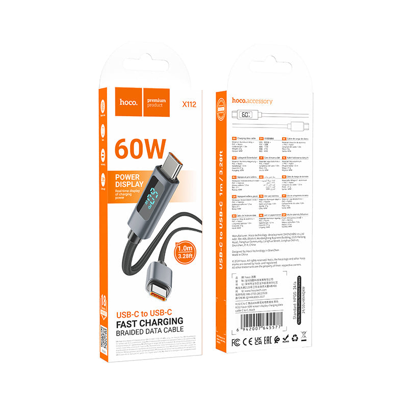 Hoco USB-C to USB-C 60W Fast Charging Data Cable with Live Screen Display