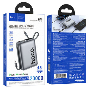 Hoco 20000mAh 22.5W PD20W Fast Charging Power Bank with Built-In Cable Q39
