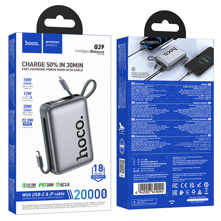 Hoco 20000mAh 22.5W PD20W Fast Charging Power Bank with Built-In Cable Q39