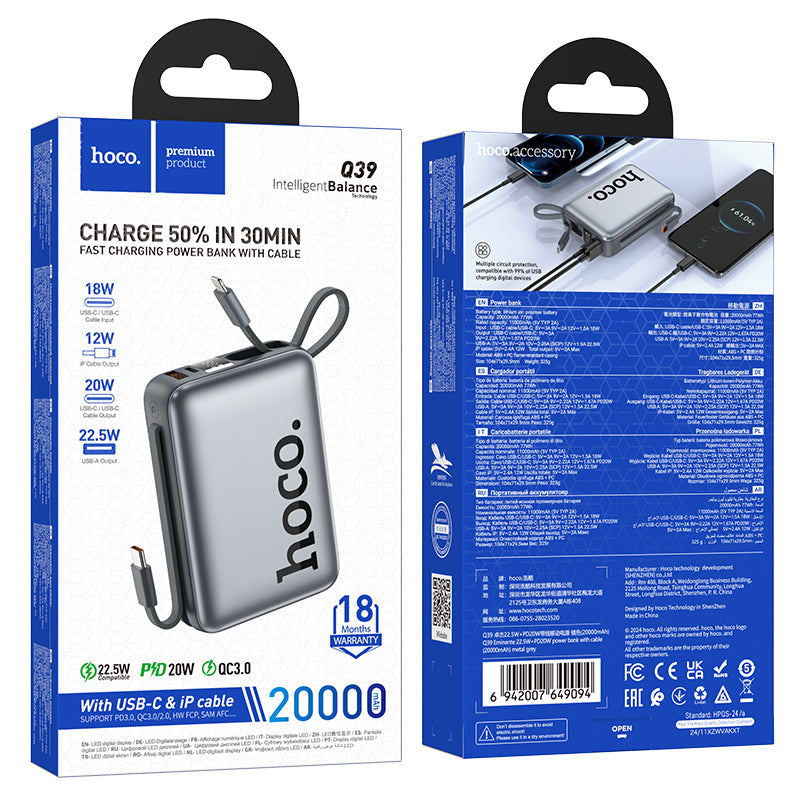 Hoco 20000mAh 22.5W PD20W Fast Charging Power Bank with Built-In Cable Q39