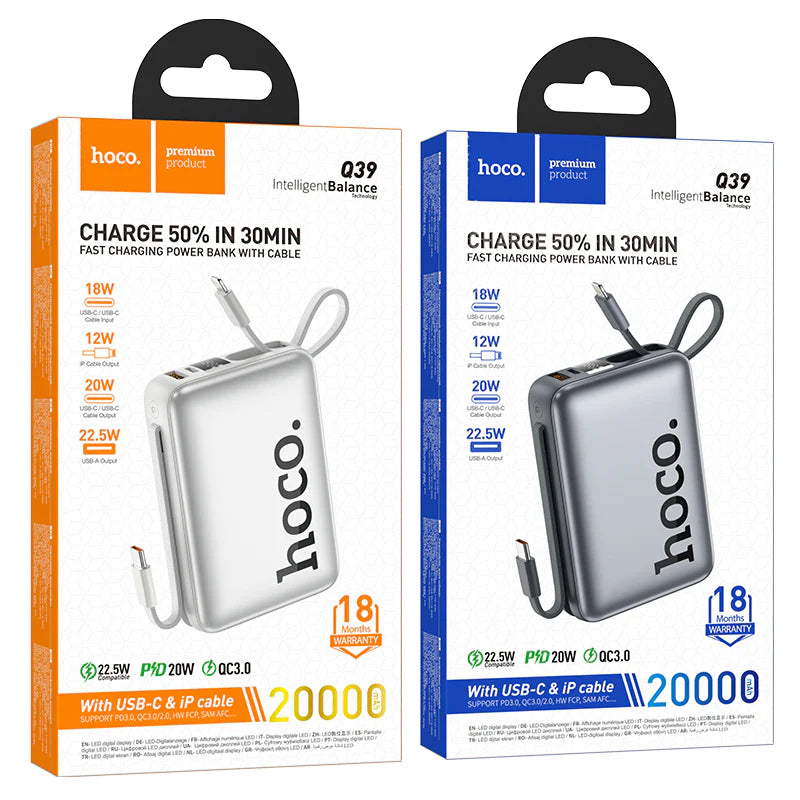 Hoco 20000mAh 22.5W PD20W Fast Charging Power Bank with Built-In Cable Q39