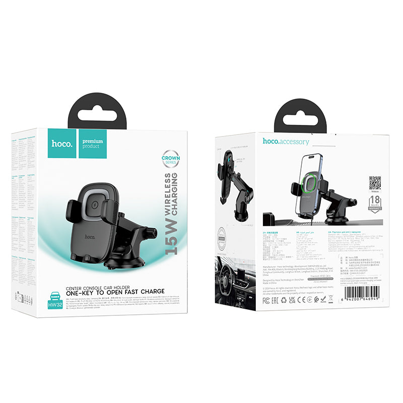 Hoco 15W Wireless Charging Car Phone Holder with Push-Type Clamp Mount