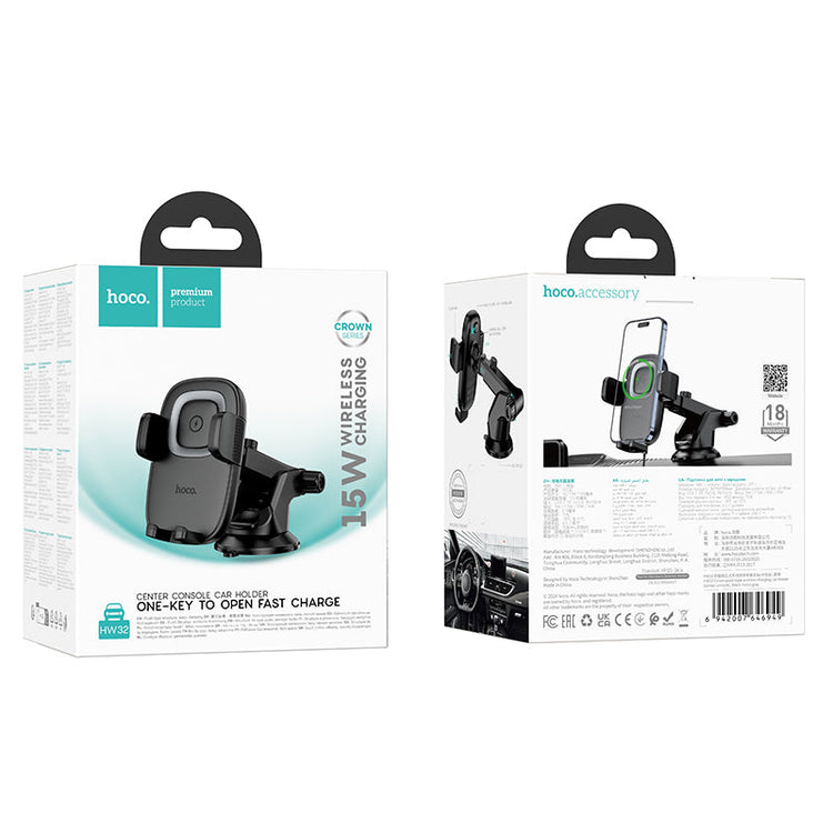 Hoco 15W Wireless Charging Car Phone Holder with Push-Type Clamp Mount