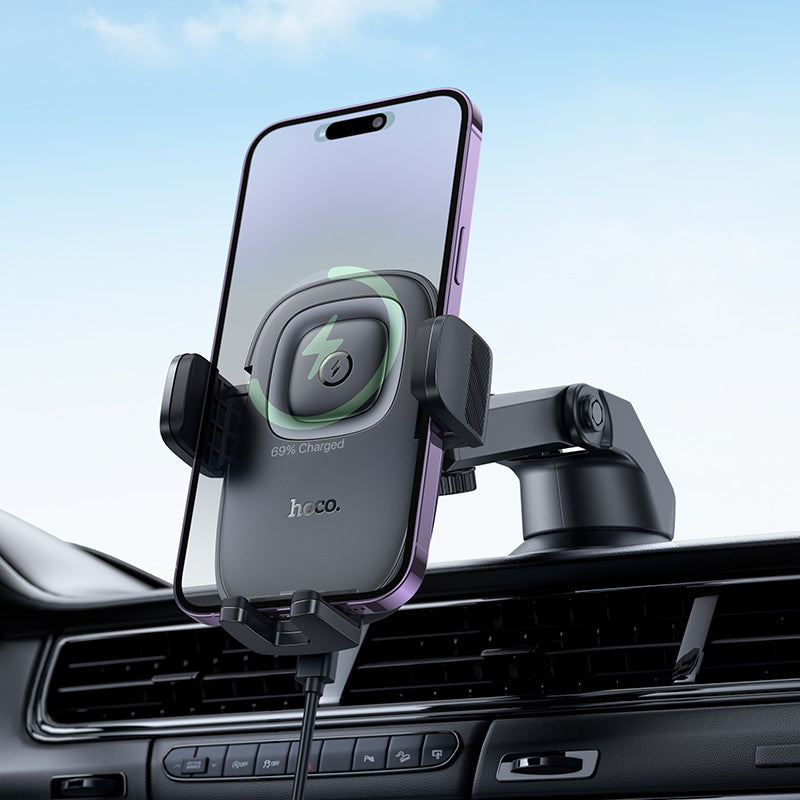 Hoco 15W Wireless Charging Car Phone Holder with Push-Type Clamp Mount