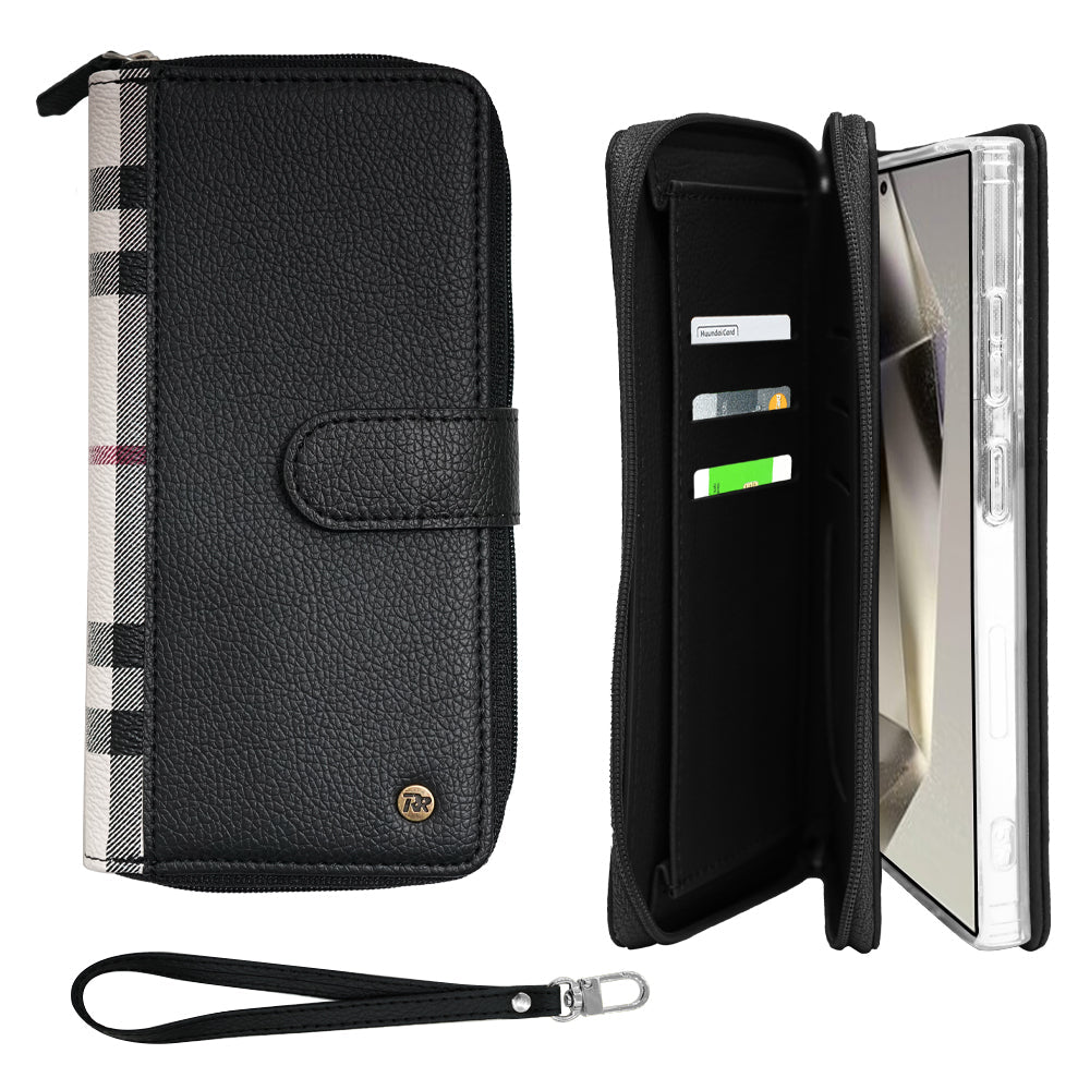 Simply Roar Samsung Galaxy S25 VERA Check Pattern Zipper Diary Wallet Case