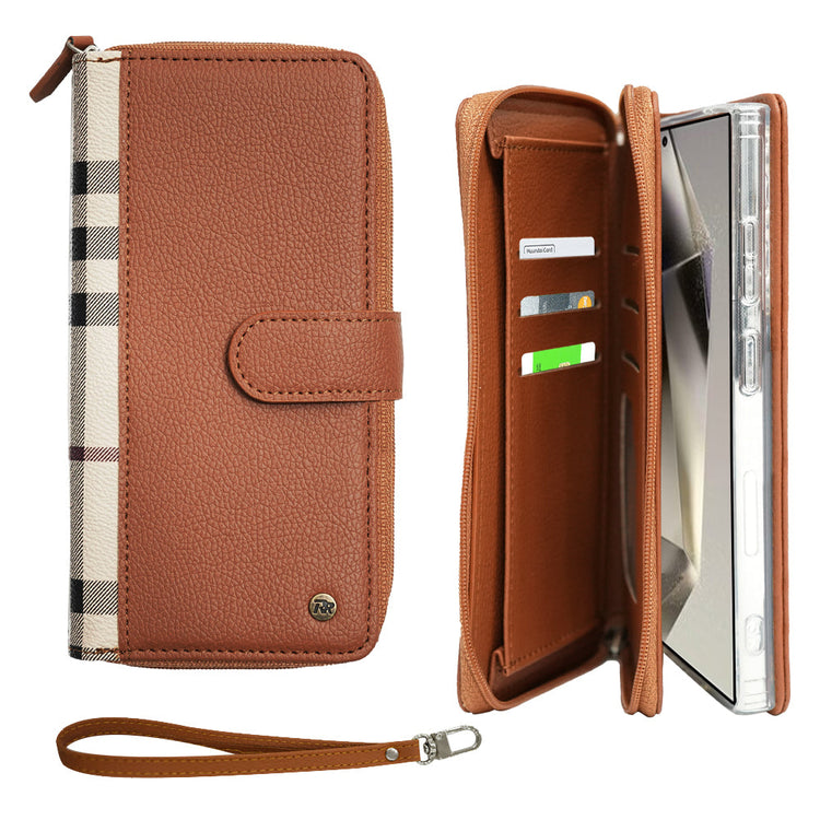 Simply Roar Samsung Galaxy S24 VERA Check Pattern Zipper Diary Wallet Case