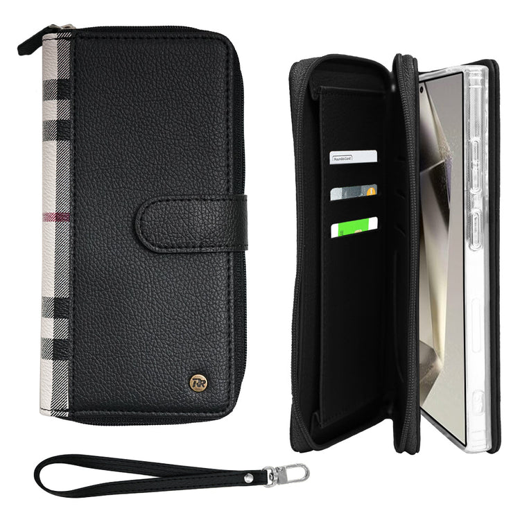 Simply Roar Samsung Galaxy S24 Plus VERA Check Pattern Zipper Diary Wallet Case