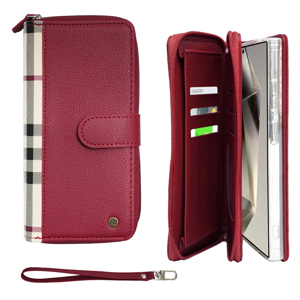 Simply Roar Samsung Galaxy S25 Plus VERA Check Pattern Zipper Diary Wallet Case