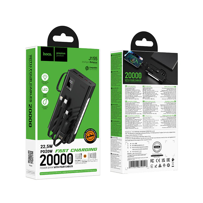 Hoco 20000mAh 22.5W PD20W Fast Charging Power Bank with 4 Built-In Cables and LED Light J155