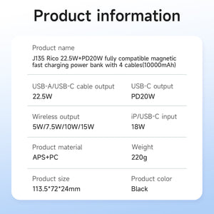 Hoco 10000mAh Magnetic Power Bank 22.5W PD20W with 4 Built-In Cables MagSafe Compatible J135
