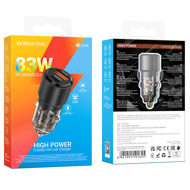 Borofone 83W Car Charger PD65W QC3.0 Dual Port Fast Charging Adapter BZ20A