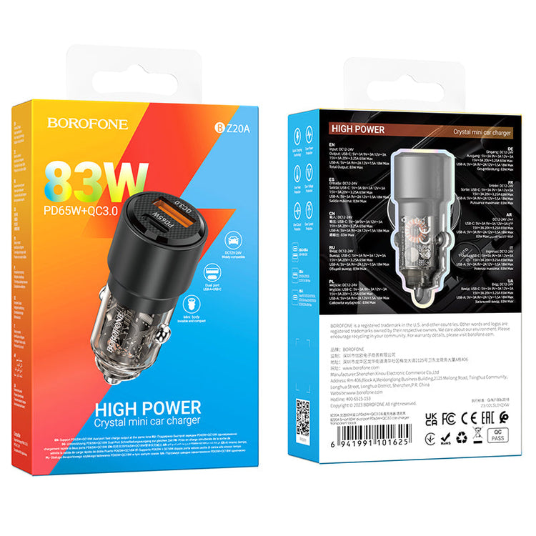 Borofone 83W Car Charger PD65W QC3.0 Dual Port Fast Charging Adapter BZ20A