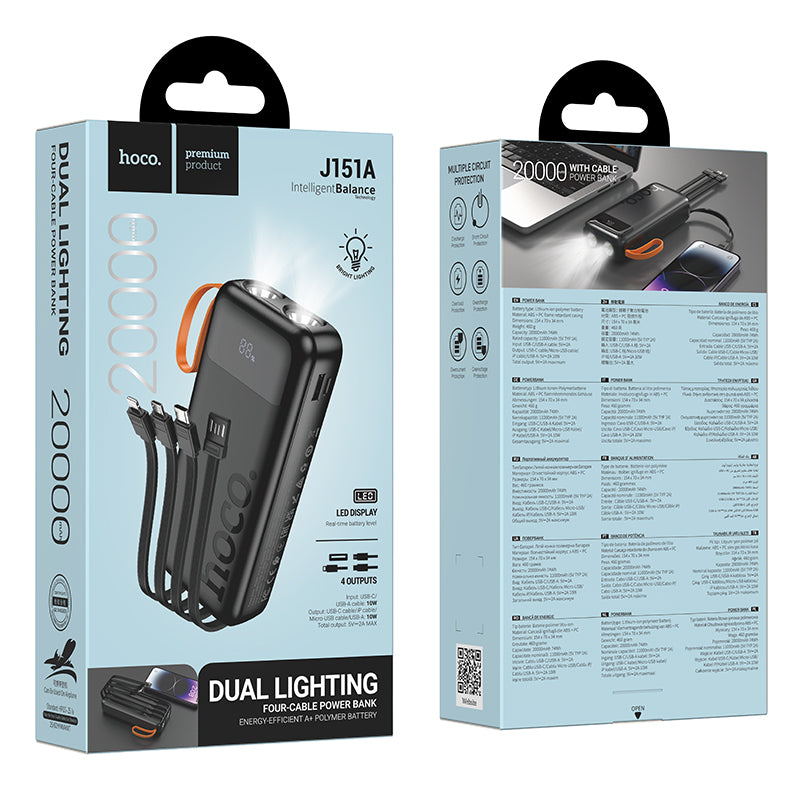 Hoco 20000mAh Power Bank with 4 Built-In Cables and Dual LED Lights Black J151A