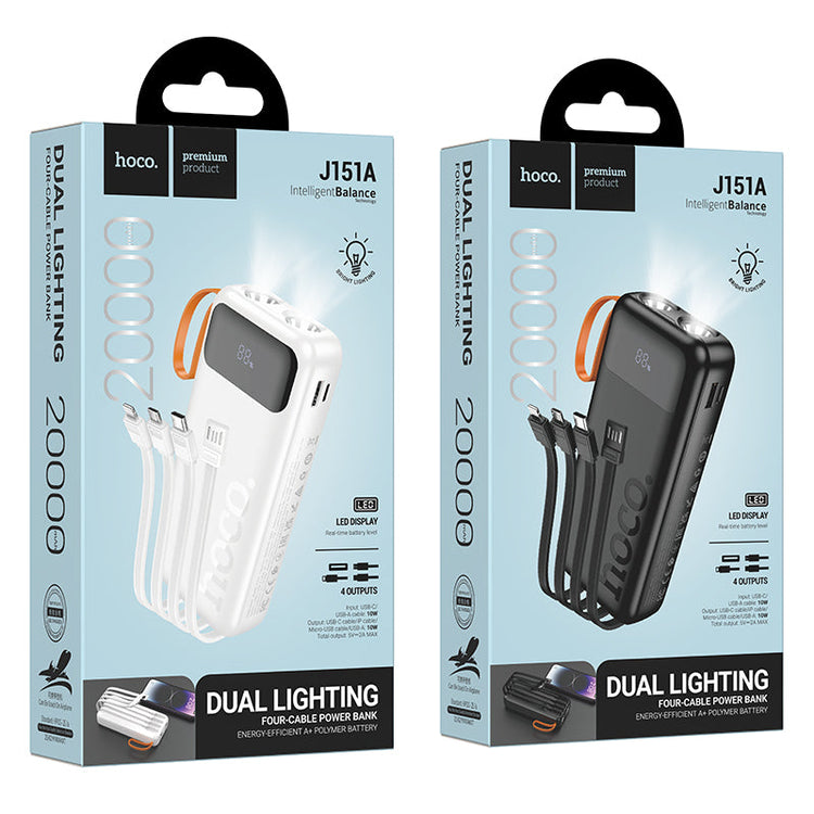 Hoco 20000mAh Power Bank with 4 Built-In Cables and Dual LED Lights Black J151A