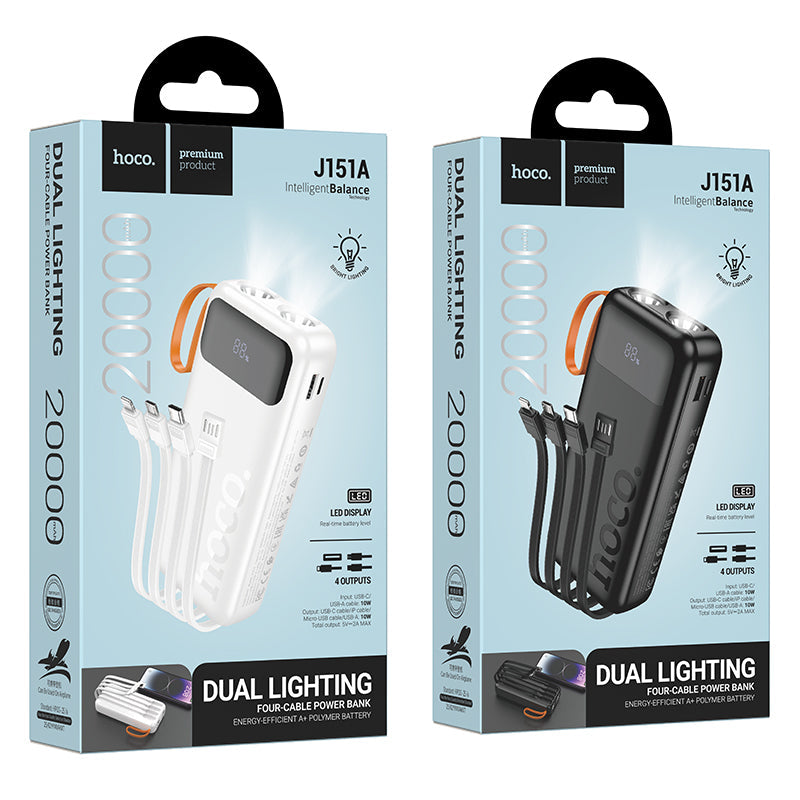 Hoco 20000mAh Power Bank with 4 Built-In Cables and Dual LED Lights Black J151A