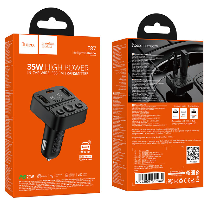 Hoco 35W Dual-Port Car Bluetooth FM Transmitter with PD20W Fast Charging